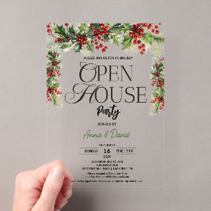 Elegante Bloemige Kerstmis Hulst Open Huis Acryl Uitnodigingen