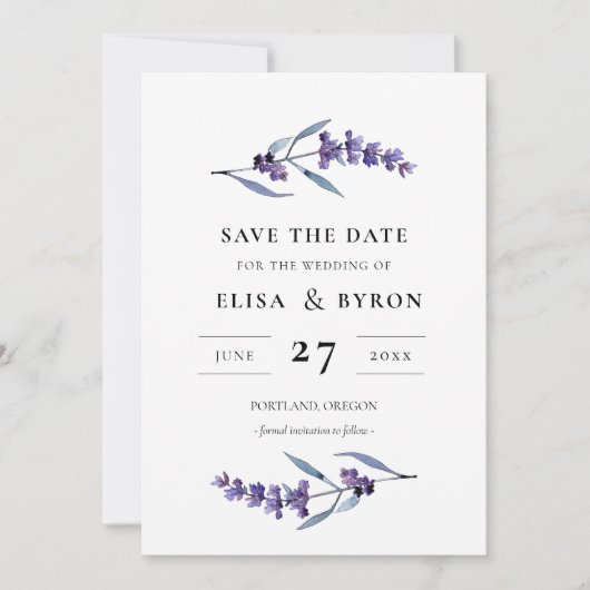Elegante bloemige lavendel Save the date Kaart (Voorkant)