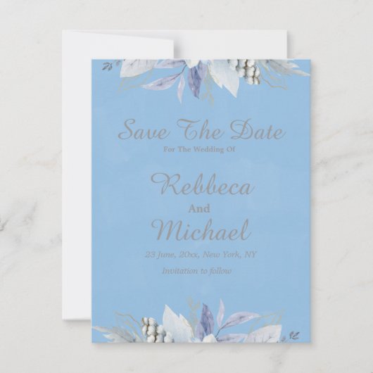 Elegante bloemige lichtblauwe platte Save The Date (Voorkant)