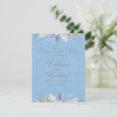Elegante bloemige lichtblauwe platte Save The Date (Staand voorkant)