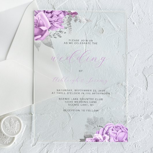 Elegante Bloemige Lila Zilveren Script Bruiloft Acryl Uitnodigingen
