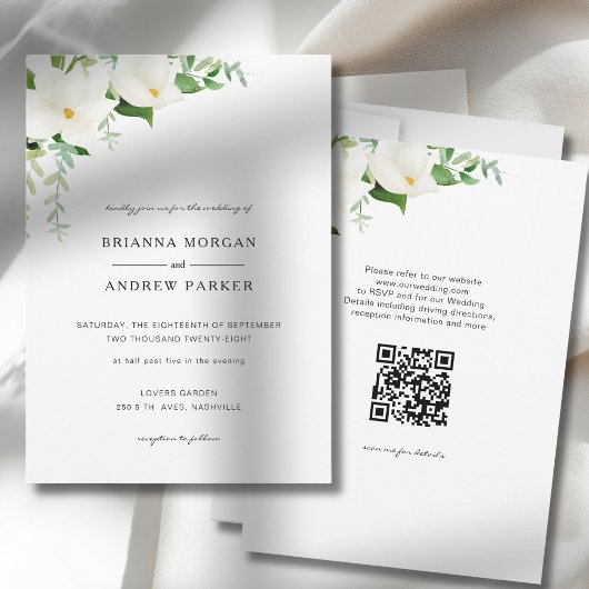 Elegante Bloemige Magnolia Huwelijks QR Code Kaart