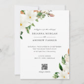 Elegante Bloemige Magnolia QR Code Trouwdag Kaart (Voorkant)