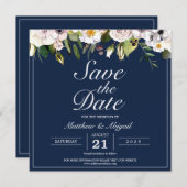 Elegante bloemige marineblauwe trouwdag save the date (Voorkant / Achterkant)
