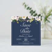 Elegante bloemige marineblauwe trouwdag save the date (Staand voorkant)