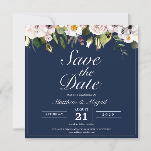 Elegante bloemige marineblauwe trouwdag save the date (Voorkant)