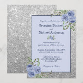 Elegante bloemige marineblauwe zilveren glans brui kaart (Voorkant / Achterkant)