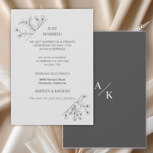 Elegante Bloemige Moderne Grijze Net Getrouwd Kaart