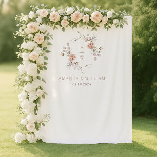 Elegante Bloemige Monogram Huwelijksfoto Wandkleed