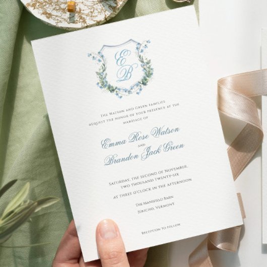 Elegante bloemige monogram kam formele bruiloft kaart