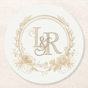 Elegante bloemige monogram “L & R” papieren onderz Ronde Kartonnen Onderzetter