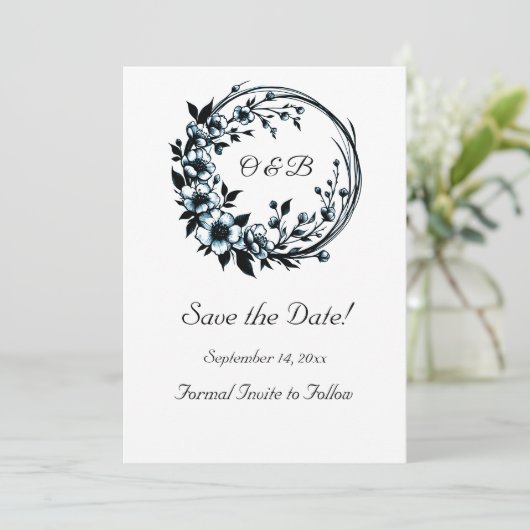 Elegante Bloemige Monogram Save The Date Kaart (Staand voorkant)