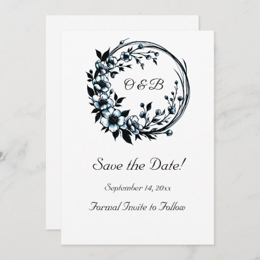 Elegante Bloemige Monogram Save The Date Kaart (Voorkant / Achterkant)