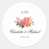 Elegante Bloemige Monogram Script Bruiloft Ronde Sticker (Voorkant)