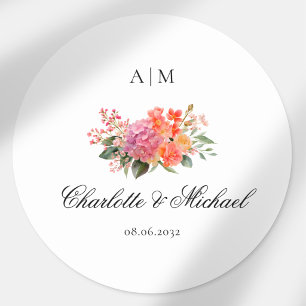 Elegante Bloemige Monogram Script Bruiloft Ronde Sticker