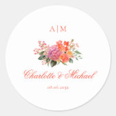 Elegante Bloemige Monogram Scriptie Bruiloft Ronde Sticker (Voorkant)