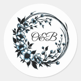 Elegante Bloemige Monogram Trouwstickers Ronde Sticker