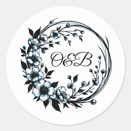 Elegante Bloemige Monogram Trouwstickers Ronde Sticker (Voorkant)