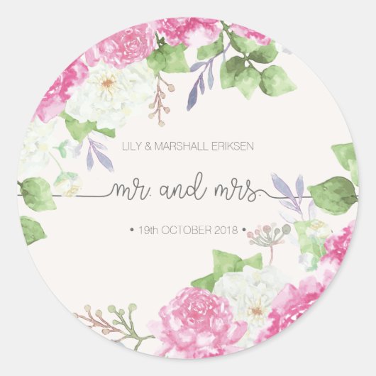 Elegante bloemige Mr & Mrs-huwelijk | Stickerzegel Ronde Sticker (Voorkant)