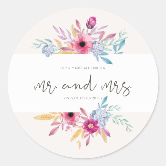 Elegante bloemige Mr & Mrs-huwelijk | Stickerzegel Ronde Sticker (Voorkant)