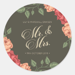 Elegante bloemige Mr & Mrs-huwelijk | Stickerzegel Ronde Sticker