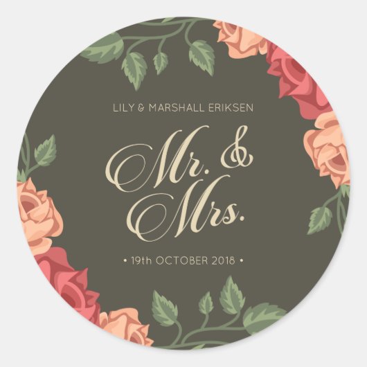 Elegante bloemige Mr & Mrs-huwelijk | Stickerzegel Ronde Sticker (Voorkant)