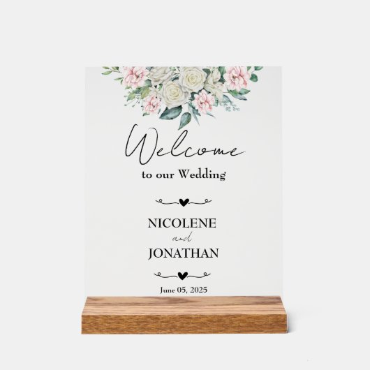 Elegante Bloemige Omarming Trouw Welkom Acryl Bord (Voorkant)