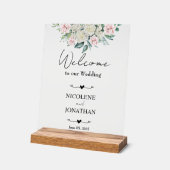 Elegante Bloemige Omarming Trouw Welkom Acryl Bord (Hoek)