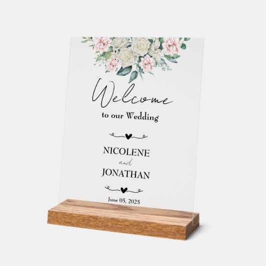 Elegante Bloemige Omarming Trouw Welkom Acryl Bord (Hoek)