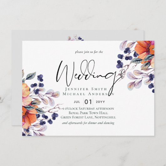 Elegante Bloemige Paarse Oranje Bruiloft (Voorkant / Achterkant)