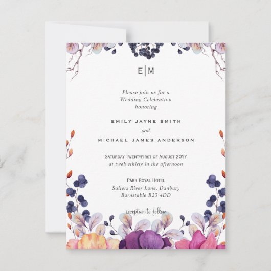 Elegante Bloemige Paarse Oranje Bruiloft (Voorkant)