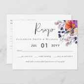 Elegante Bloemige Paarse Oranje Bruiloft Briefkaart (Voorkant / Achterkant)