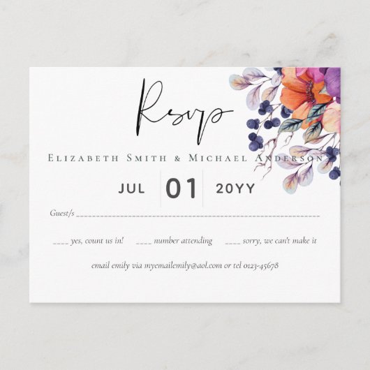 Elegante Bloemige Paarse Oranje Bruiloft Briefkaart (Voorkant)