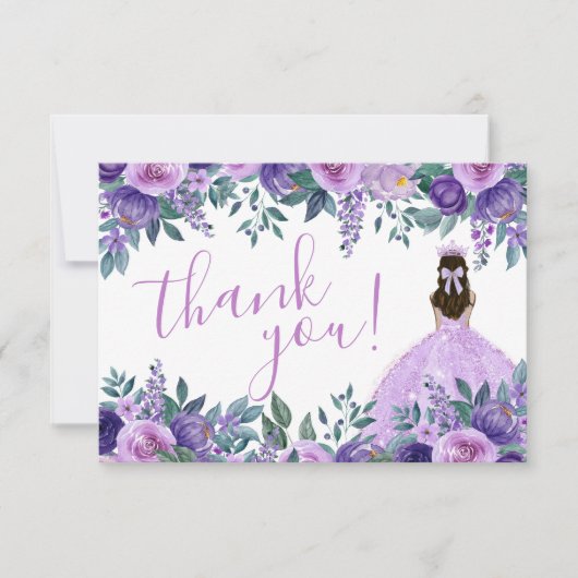Elegante bloemige Paarse Quinceañera Bedankkaart (Voorkant)