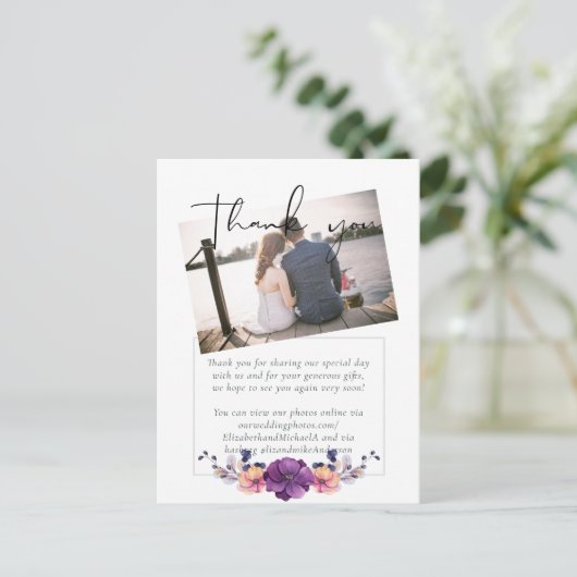 Elegante Bloemige Paarse Sinaasappel Trouwdag Briefkaart (Staand voorkant)