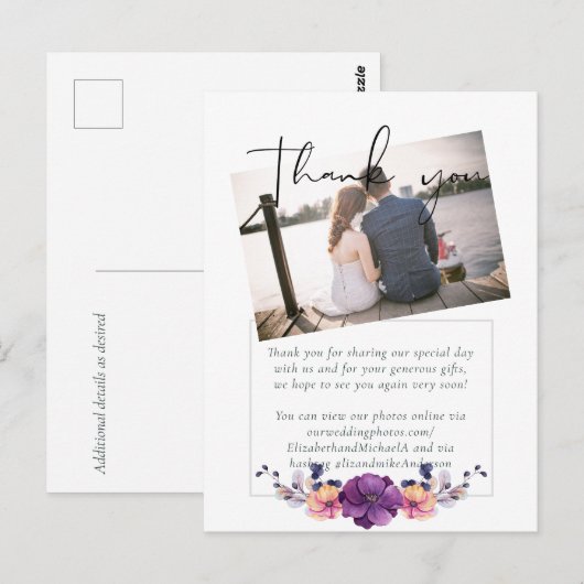 Elegante Bloemige Paarse Sinaasappel Trouwdag Briefkaart (Voorkant / Achterkant)