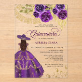 Elegante bloemige Paarse Violet Charra Quinceañera Acryl Uitnodigingen (Voorkant)