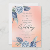 Elegante bloemige perzik- en stoffig blauwe trouw  kaart (Voorkant)
