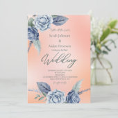 Elegante bloemige perzik- en stoffig blauwe trouw  kaart (Staand voorkant)