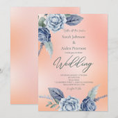 Elegante bloemige perzik- en stoffig blauwe trouw  kaart (Voorkant / Achterkant)
