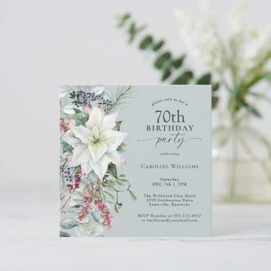 Elegante Bloemige Poinsettia 70e Verjaardag Decemb Kaart (Staand voorkant)