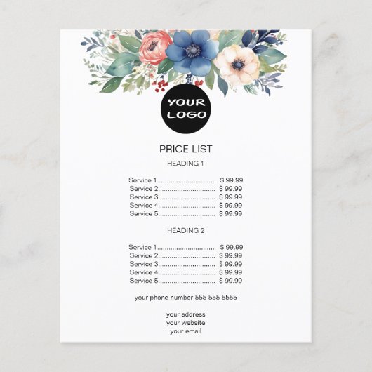 Elegante Bloemige Prijslijst Waterverf Bedrijf Flyer (Voorkant)