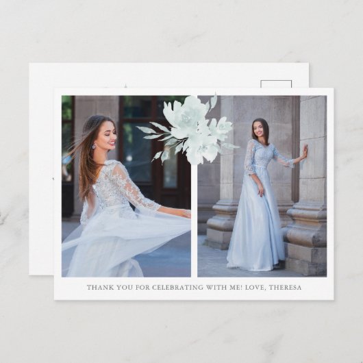 Elegante bloemige Quinceanera bedankje met twee fo Briefkaart (Voorkant / Achterkant)