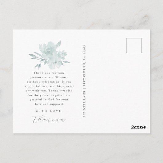 Elegante bloemige Quinceanera bedankje met twee fo Briefkaart (Achterkant)