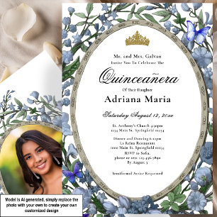 Elegante bloemige Quinceanera-uitnodiging Blauwe b Kaart