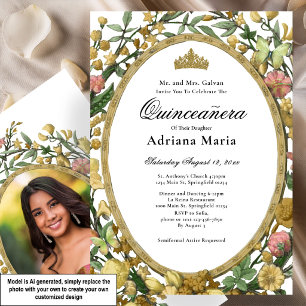 Elegante bloemige Quinceanera-uitnodiging geel gou Kaart