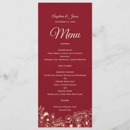 Elegante Bloemige Rode Trouwmenu Menu (Voorkant)