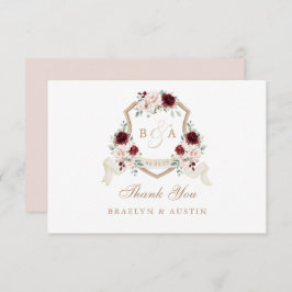 Elegante bloemige roze bordeauxrode huwelijksemble bedankkaart
