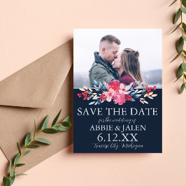 Elegante bloemige roze en stoffig blauwe trouwdag save the date