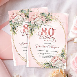 Elegante bloemige roze gouden groen 80ste verjaard kaart